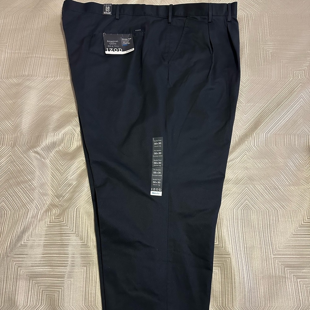 IZOD Men's Big and Tall American Chino Double Pleated Pants, Navy Size 58x30 New